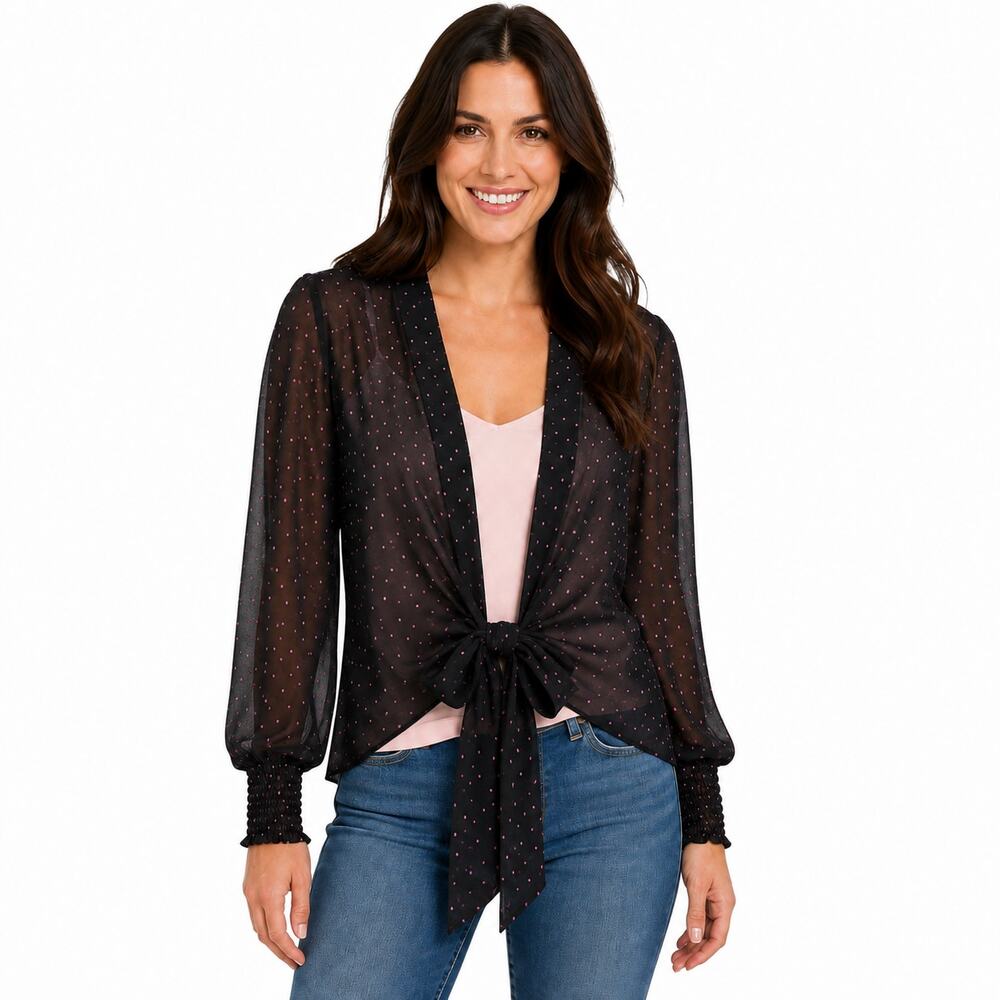 Cabi Black Sheer Polka Dot Long Sleeve Tie Front Blouse